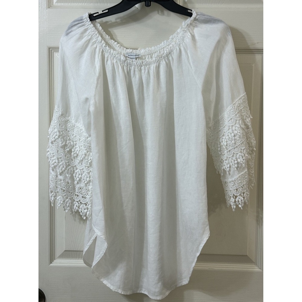 Saks Fifth Avenue Wmns M 100% Linen Top Crochet Lace Sleeves Coastal Boho *EUC*